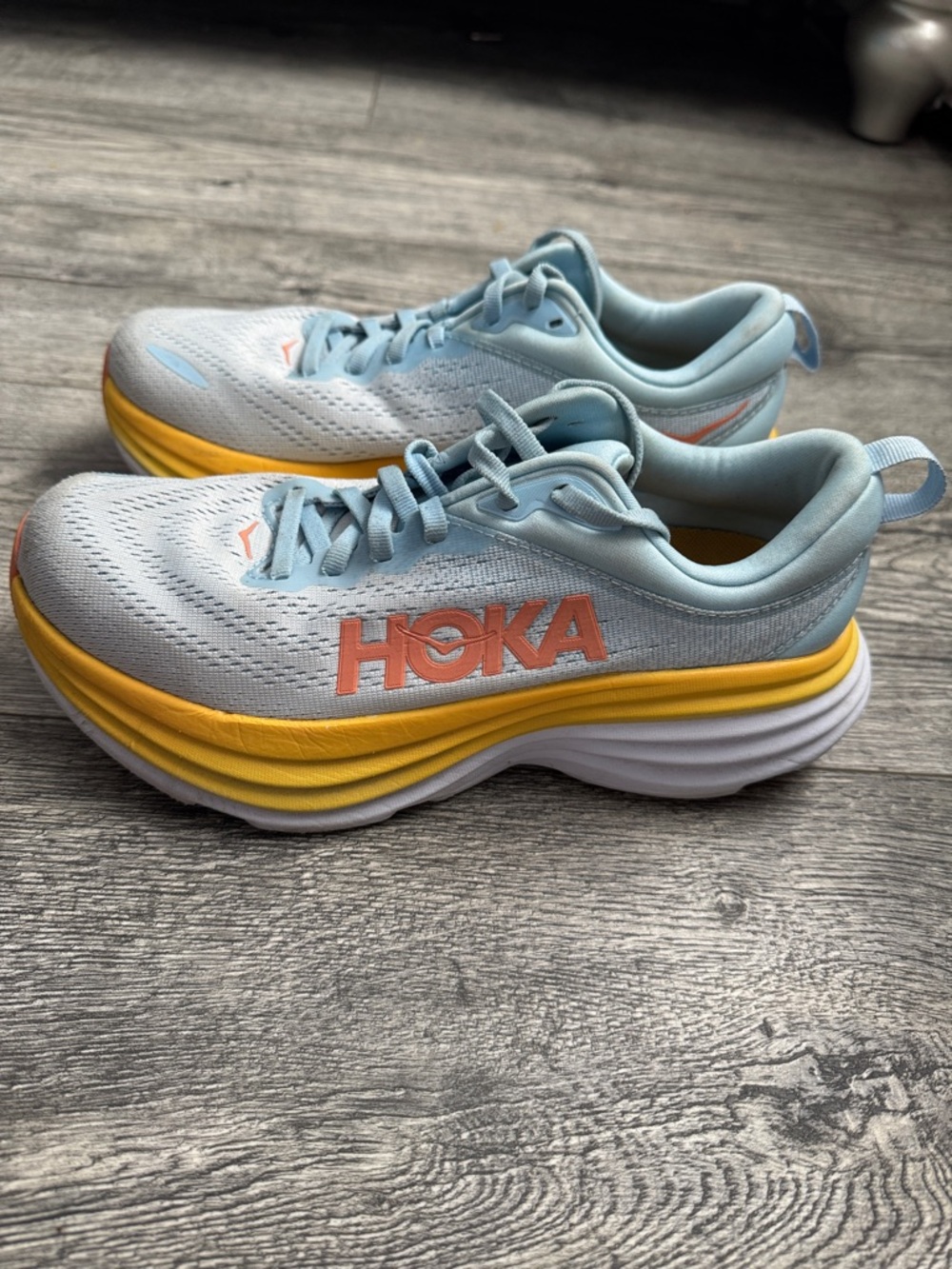 Hoka Light Blue Sneakers with Yellow Midsole and Coral Logo - Picture 2 of 9